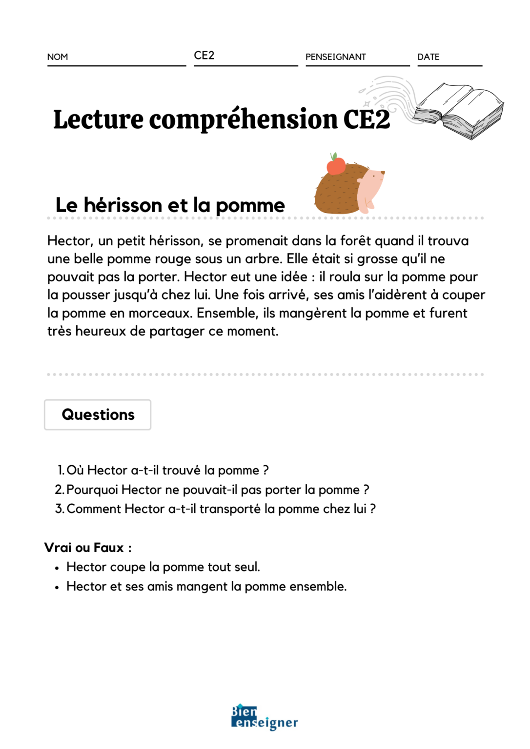 Lecture compréhension CE2 : texte et questions PDF