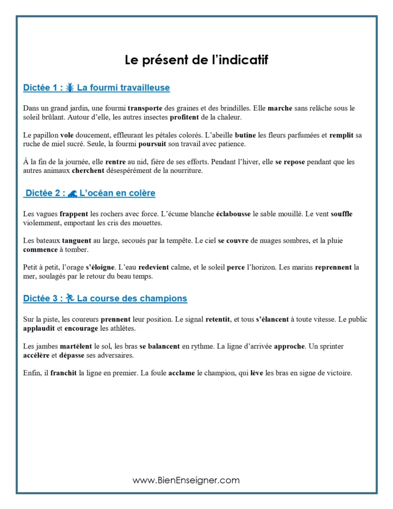 dictée 5ème sur le présent de l'indicatif